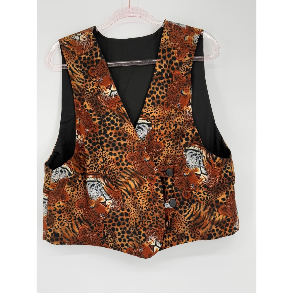 Homemade Womens Vest Leopard‎ Cheetah Tiger Sleeveless Button Front Sz L